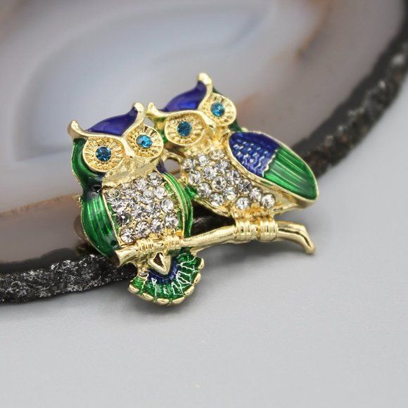 Jewelry - Owl bird pin brooch green blue yellow gold tone adorable shiny sparkle cute